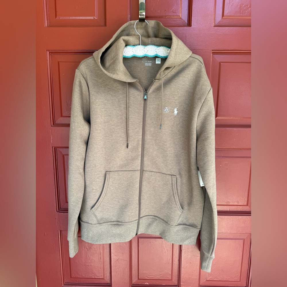 Authentic Polo Ralph Lauren Men Double Knit Full Zip Hoodie, Brown Size L NWT